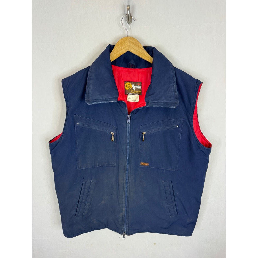 Vintage Canadian Caribou Mens Navy Blue Insulated Workwear Vest 2XL Hammill